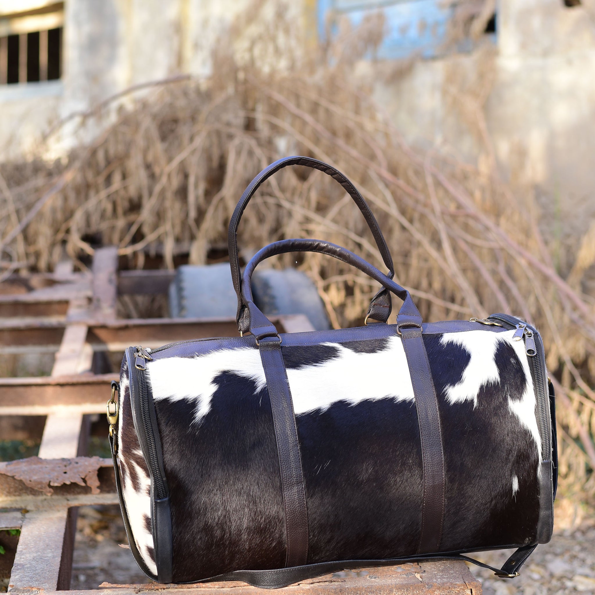 Black and White Overnight Bag, Cow Hide Pony Skin Design, Luxurious Travel Essential, Unique Gift for Jetsetter