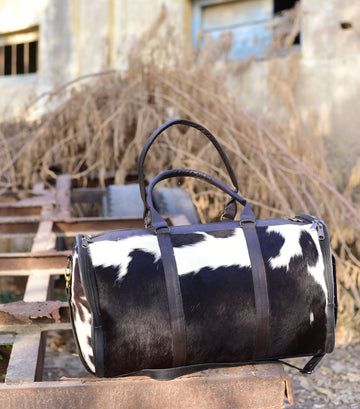 Black and White Overnight Bag, Cow Hide Pony Skin Design, Luxurious Travel Essential, Unique Gift for Jetsetter