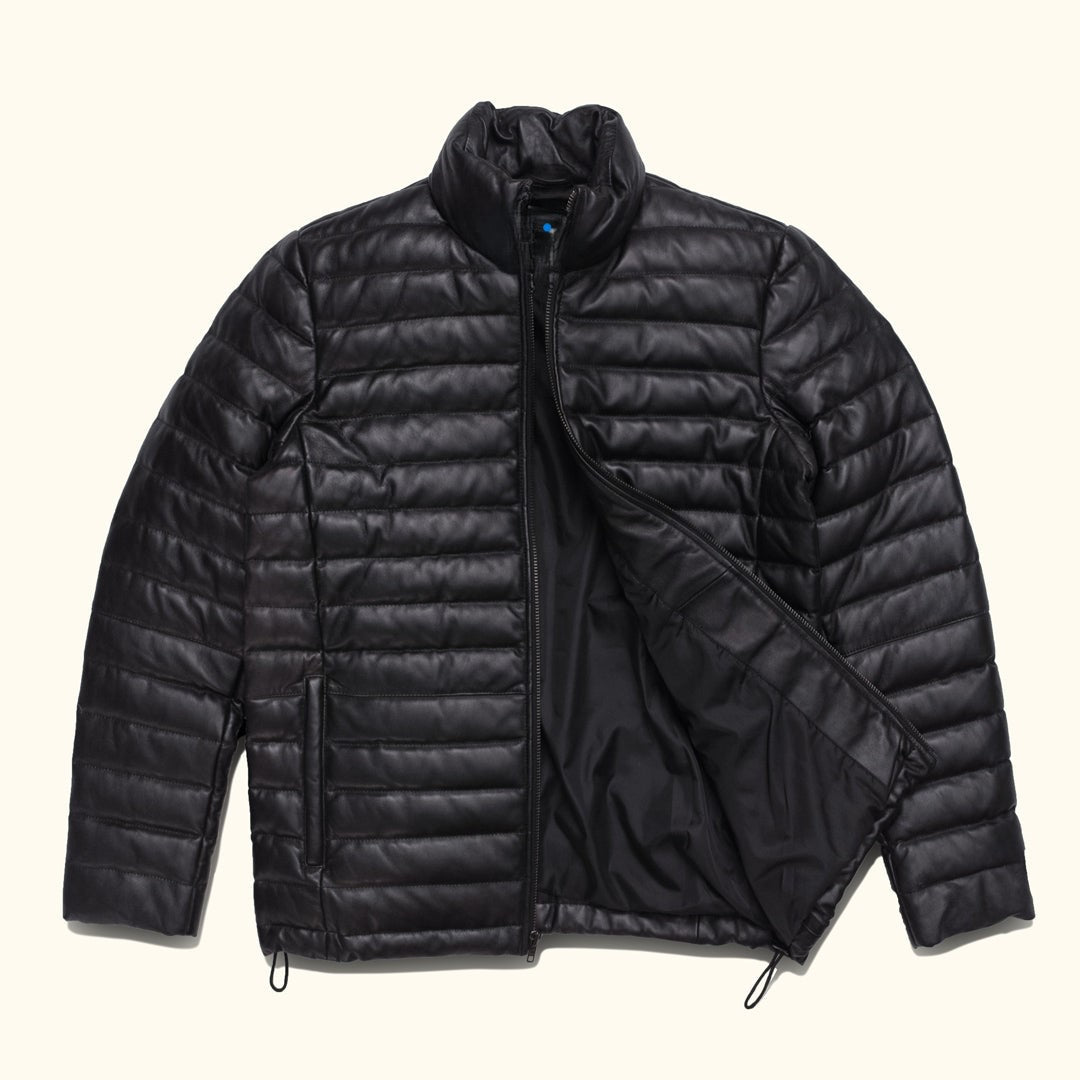 Men's Leather Moncler Puffer Jacket Black,