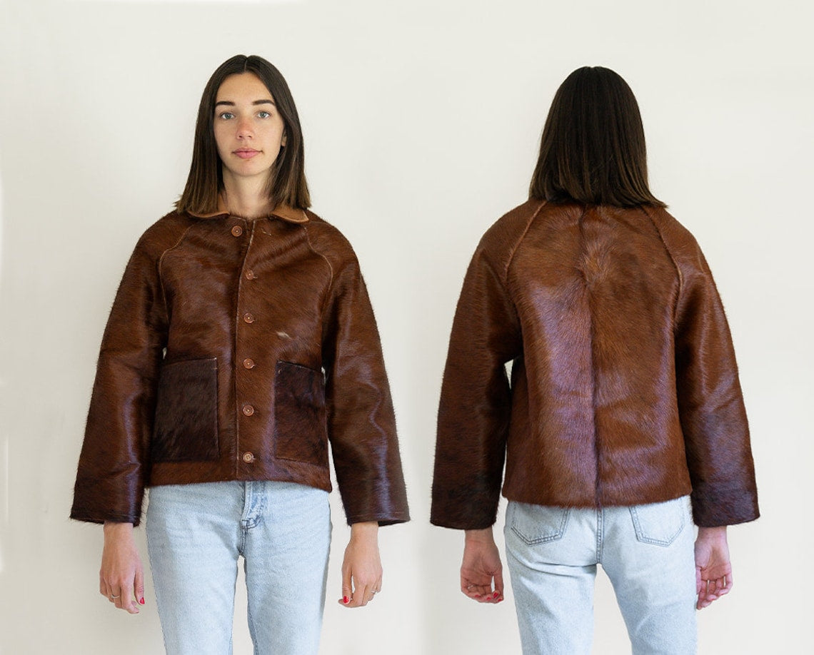 Cowhide Brown Leather Bomber Jacket For Women